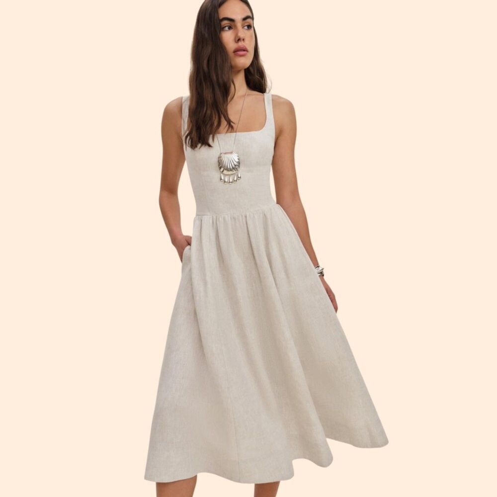 Reformation Janu Linen Midi Dress Oatmeal